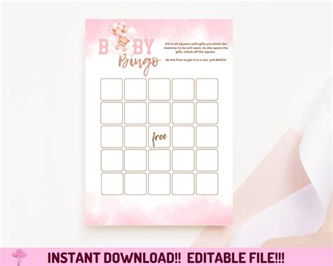 Baby Bingo Baby Shower Game Template Editable We Can Bearly Wait Themed ...