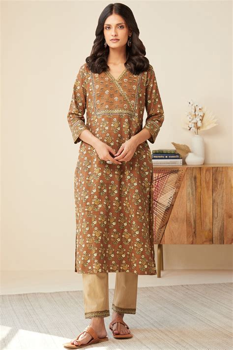 Buy Brown Hand Printed Straight Cotton Slub Kurta For Women Fgmk