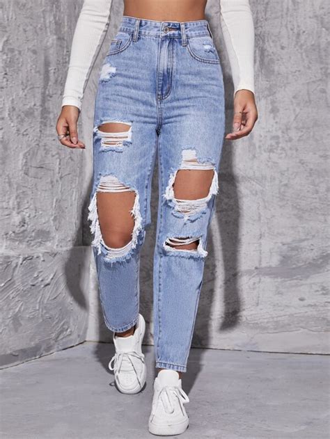 SHEIN EZwear High Waist Straight Leg Ripped Jeans SHEIN USA