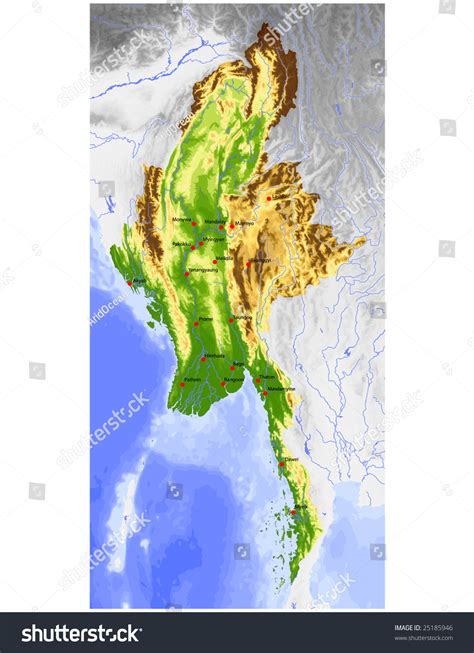 Burma Myanmar Physical Vector Map Colored Stock Vector 25185946