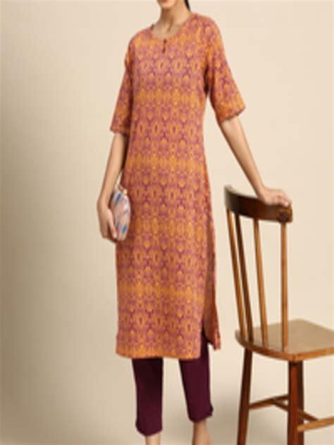 Buy Sangria Women Mustard Yellow And Purple Ethnic Motifs Printed Keyhole Neck Pure Cotton Kurta