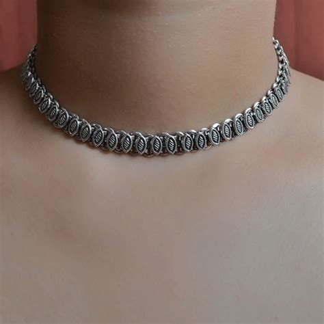 Modish Leafy Silver Choker Designer Leaf Pattern Silver Necklace Necklaces Folkways