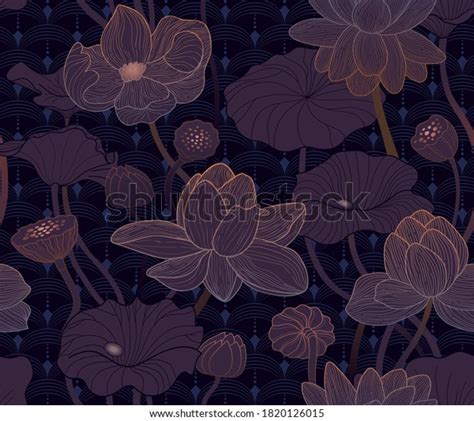 Seamless Vector Floral Lotus Pattern Night Stock Vector Royalty Free