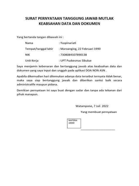 Surat Pernyataan Tanggung Jawab Mutlak Keabsahan Data Dan Dokumen Pdf