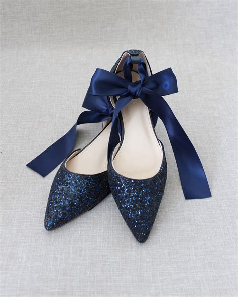 Navy Blue Rock Glitter Pointy Toe Flats With Satin Ankle Tie Etsy