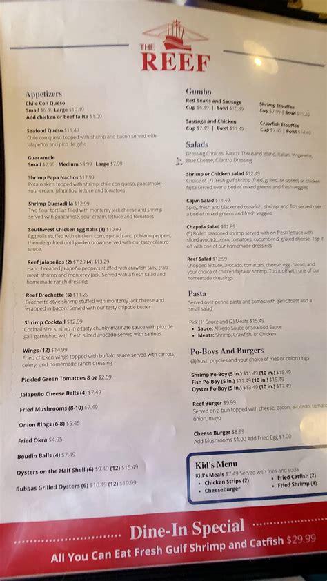 Menu At The Reef Restaurant Texas City St St N