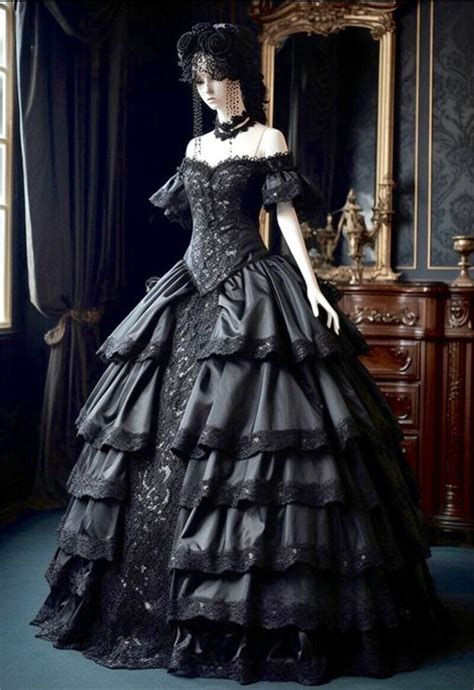 Gothic Black Wedding Dresses Off The Shoulder Tiered Lace Ruffle Bridal