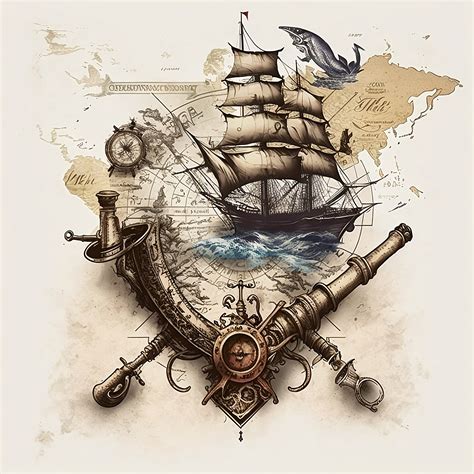 Pirate Ship_old Map_anchor Tattoo Design White Background PNG File ...