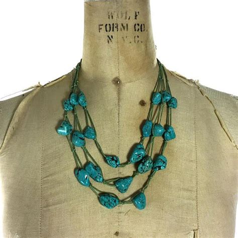 Vintage Chunky Turquoise Necklace Handmade Multi Strand Huge Raw Turquoise Beads On Hemp