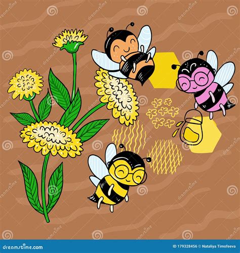 Vector Illustration Of A Bee On A Field Among The Flowers Collect