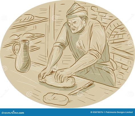 Medieval Baker Kneading Bread Dough Oval Drawing Vector Illustration ...