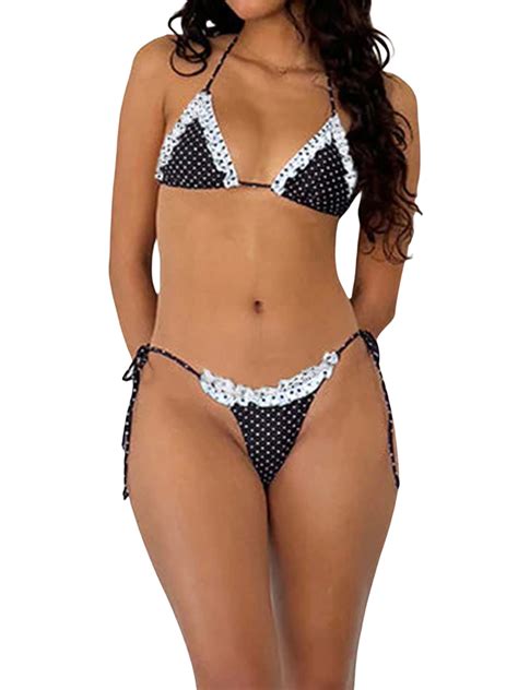 Votuleazi Women S Summer Bikini Set Mini Dot Print Lace Trim Halter Bra