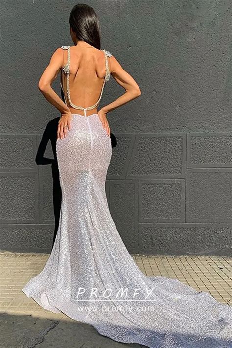 Sliver White Glitter V Neck Sheer Mermaid Prom Gown Promfy