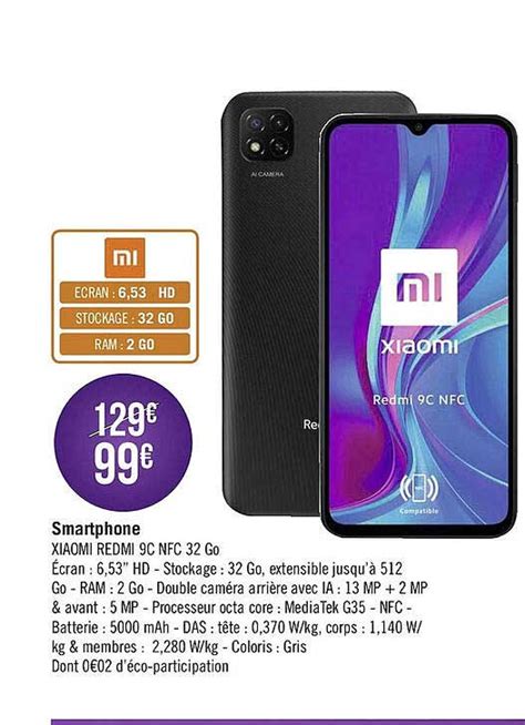 Promo Smartphone Xiaomi Redmi 9c Nfc 32 Go chez Géant