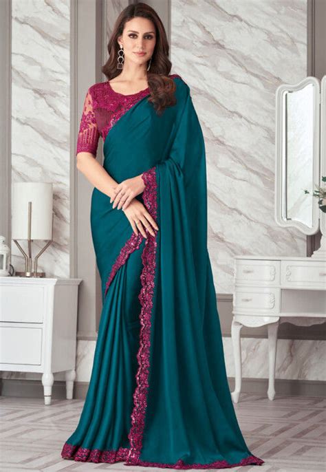 Buy Embroidered Border Satin Georgette Saree In Teal Blue Online