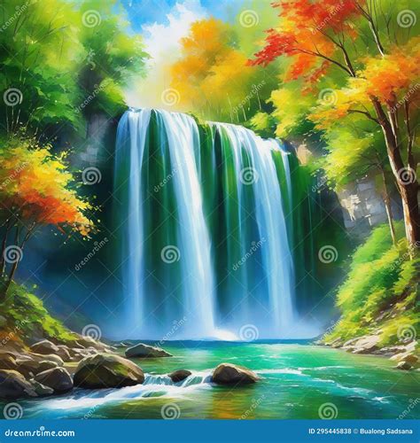 Waterfall Nature Landscape Park Forest Art Oil Painting Stock ...