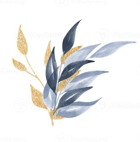 Watercolor Floral Illustration Blue And Gold Leaf Branches Collection