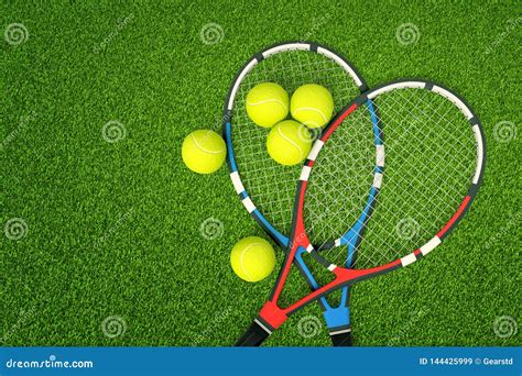 3d Rendering Of Two Tennis Rackets And Yellow Tennis Balls On Green