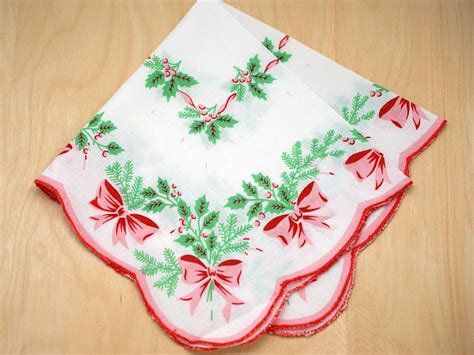 Vintage Inspired Holiday Holly Bows Print Hankie