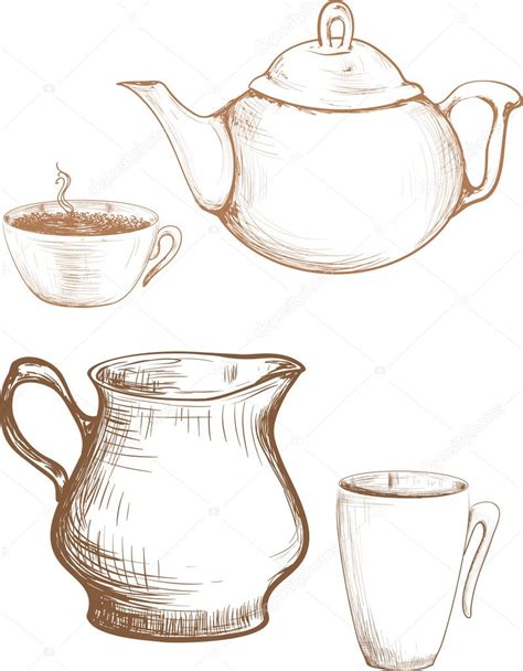 Tea Cup And Teapot Cream Graphic Illustration ⬇ Vector Image By