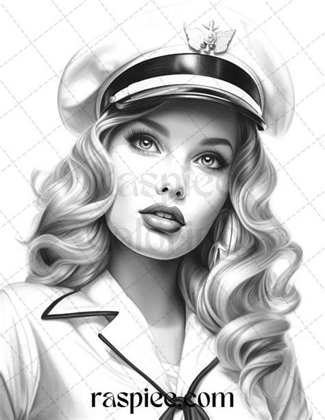 40 Sailor Pin Up Girls Grayscale Coloring Pages Printable For Adults Grayscale Coloring