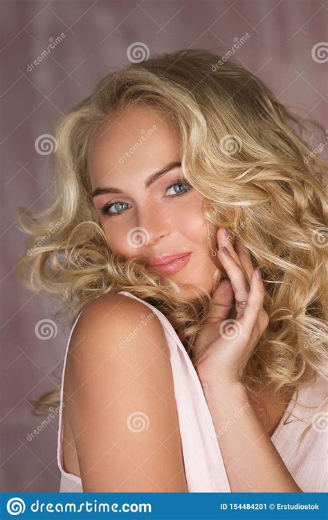 Curly Blonde Woman In Gorgeous Pink Dress Stock Image Image Of