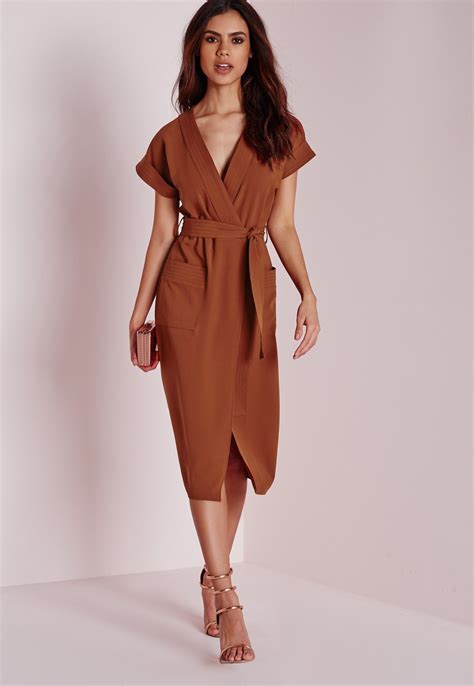 Missguided Wrap Tie Waist Pocket Midi Dress Rust Rust Dress Women