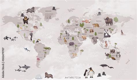 Animals world map for kids wallpaper design Stock Illustration | Adobe ...