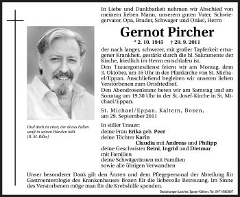 Traueranzeigen Von Gernot Pircher Trauer Bz