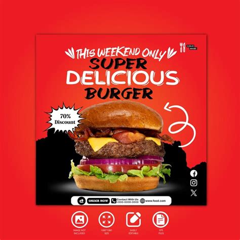 Súper delicioso diseño de hamburguesas post de redes sociales y