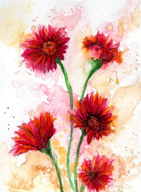 Red Gerbera Daisy Watercolour Painting Print Floral Wall Decor Etsy Canada Daisy Painting