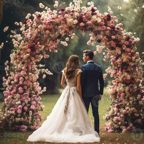 AI generated wedding ceremony, bride and groom stand under a flower