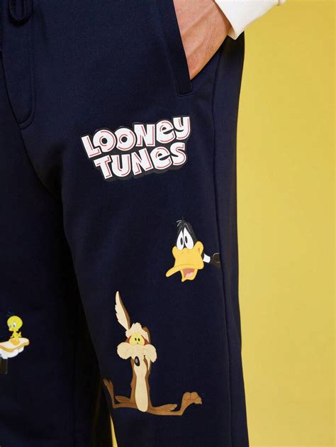 Looney Tunes X Shein Cal A De Moletom Casual Solta De Malha Azul