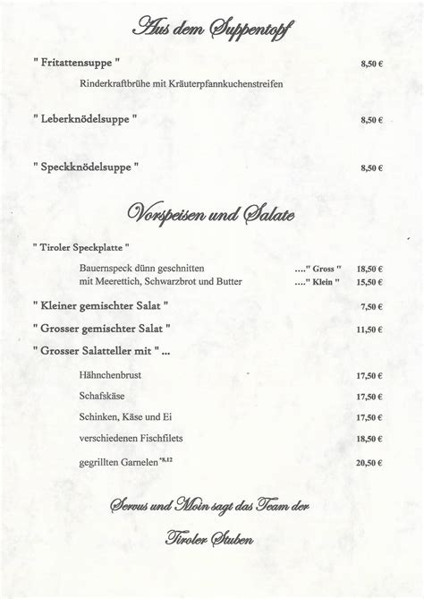 Speisekarte Von Tiroler Stuben Restaurant H Rnum Sylt