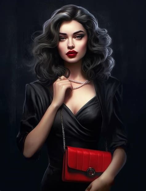 Premium Ai Image A Woman In A Black Dress Holds A Red Purse In Her Hand