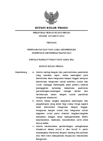 BUPATI KULON PROGO PERATURAN BUPATI KULON PROGO NOMOR 26 TAHUN 2012