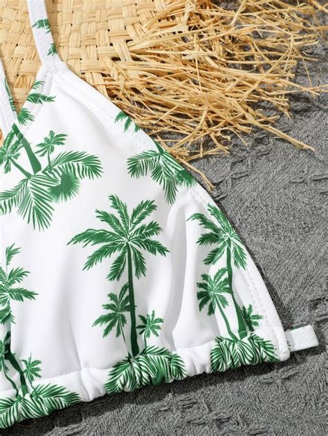 Shein Teen Girls Palm Tree Print Bikini Swimsuit With Beach Skirt