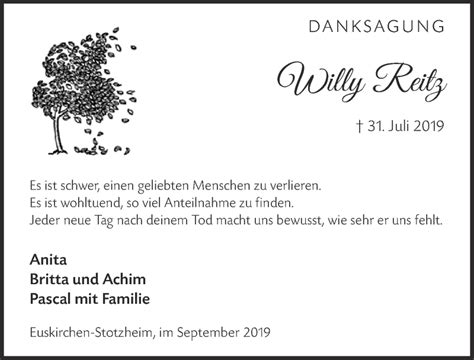 Traueranzeigen Von Willy Reitz Wirtrauern