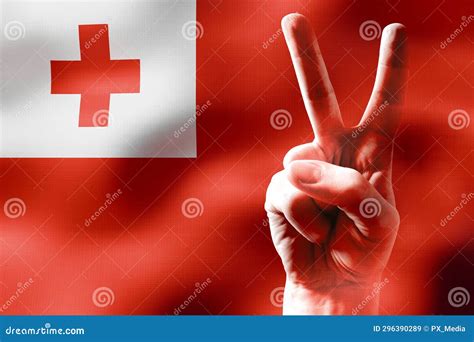 Tonga Two Fingers Showing Peace Sign And National Flag Stock