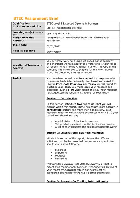 International Business Assignment 1 Btec Assignment Brief