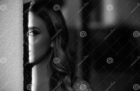 Woman Face In Shadow Portrait Of A Young Spy Woman Close Up Face Of