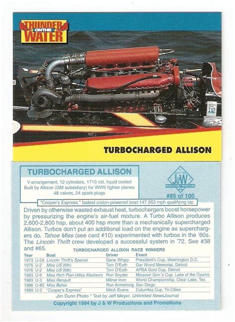 1994 Turbo Charged Allison Engine Unlimited Hydroplane Trading Card 85