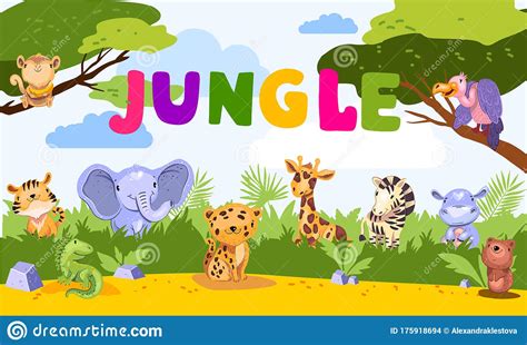 Colorful Vector Jungle Background with Wild Animals, Bushes and Trees. Stock Vector ...