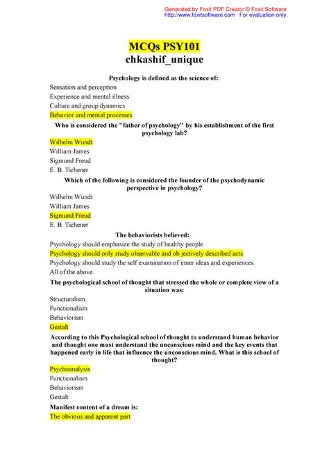 Solved MCQsof PSY 101 Lecture Notes 1 45 MCQs PSY Chkashif Unique