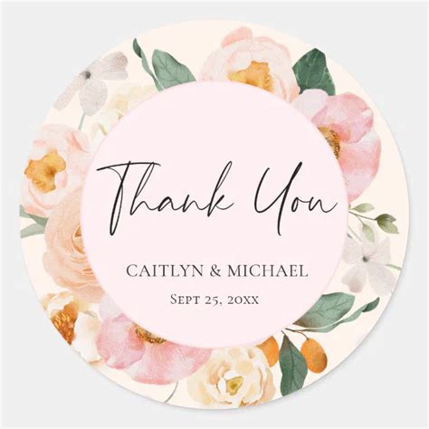 Modern Pink Floral Wedding Thank You Classic Round Sticker Zazzle