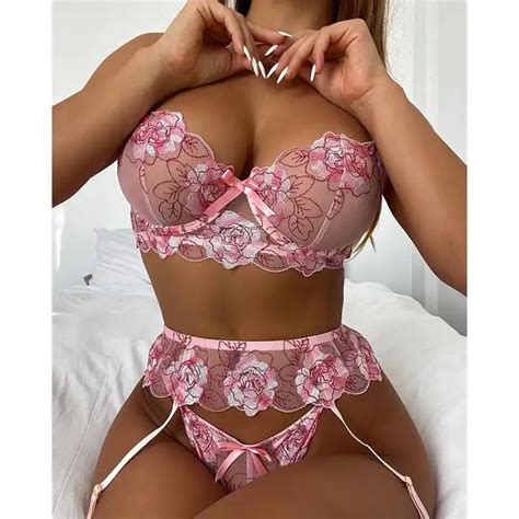 Embroidered Applique Lace Lingerie Mesh Sheer Honeymoon Wireless