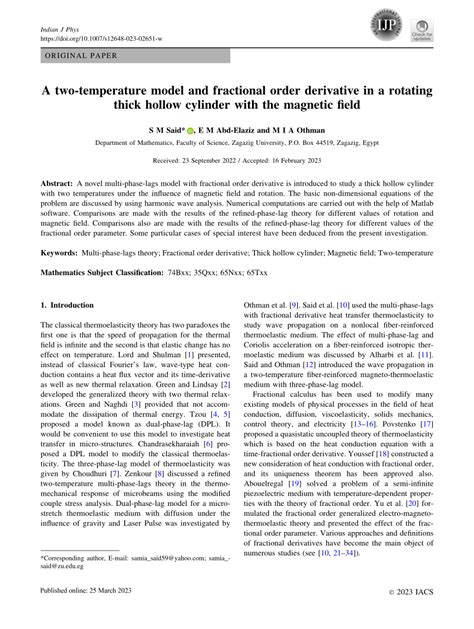 PDF A Two Temperature Model And Fractional Order Derivative In A