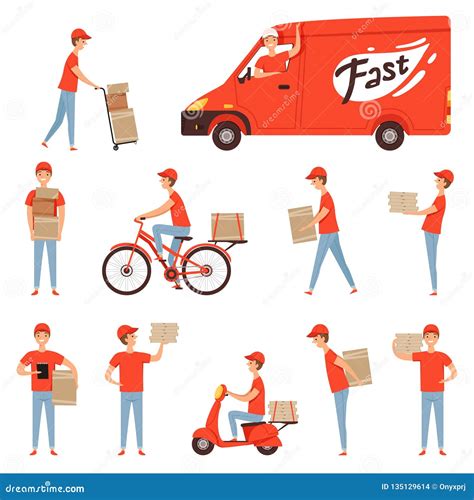 Delivery Characters. Pizza Food Packages Loader Service Man Working In ...