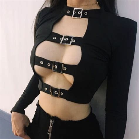 Gothic Buckle Hollow Out Front Long Sleeve Crop Top Rock N Doll