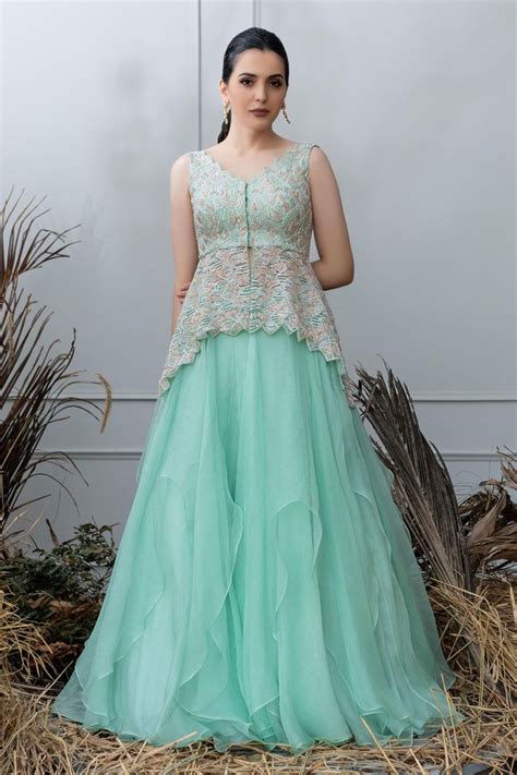 Shop For These Amazing Collections Of Green Net V Neck Organza Cascade